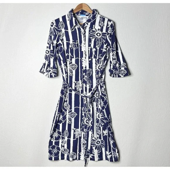J McLaughlin Navy Floral Shirt Dress Sz M / L Belted Catalina Career Office READ - Picture 1 of 12